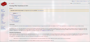 A text window in the Redbrick wiki showing the article "Wiki Vandalism 2024" being created